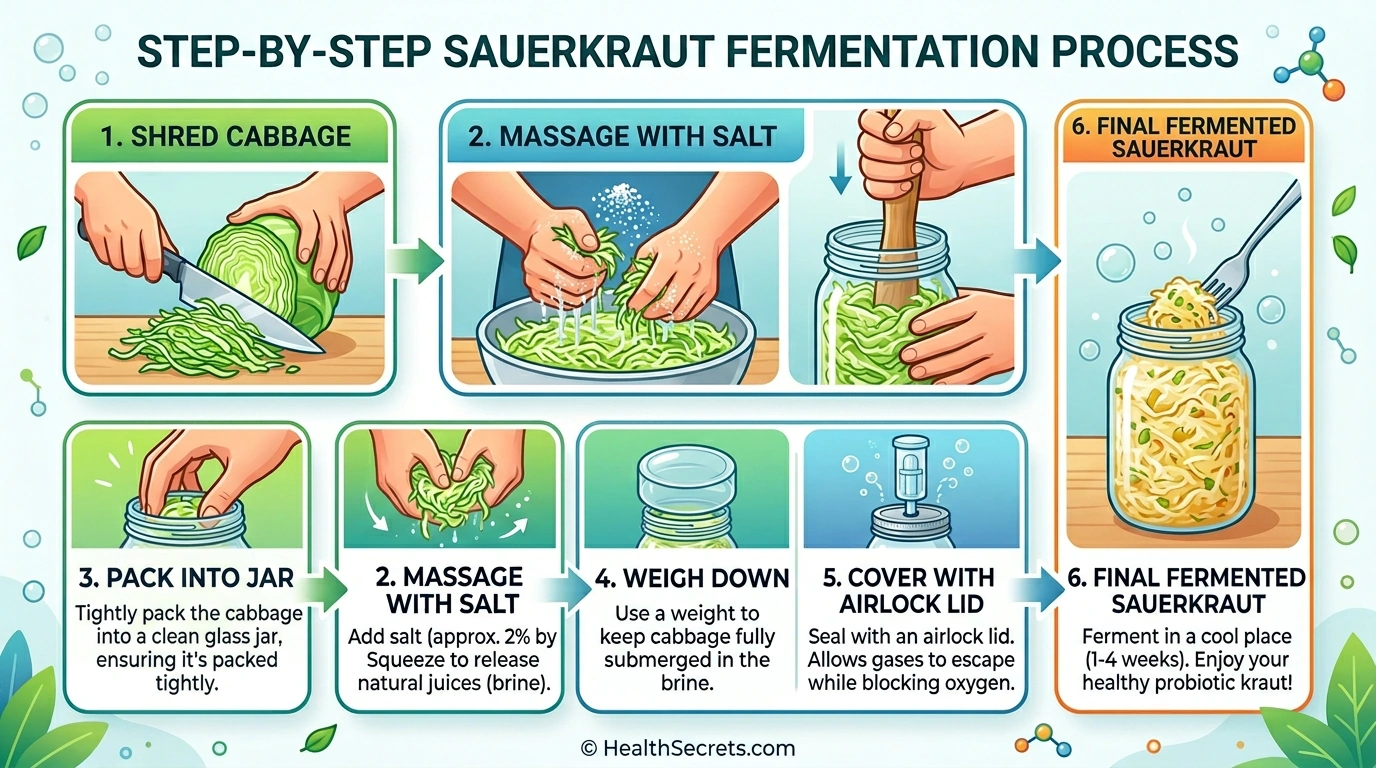 Step-by-step sauerkraut fermentation process from shredding cabbage to finished fermented product