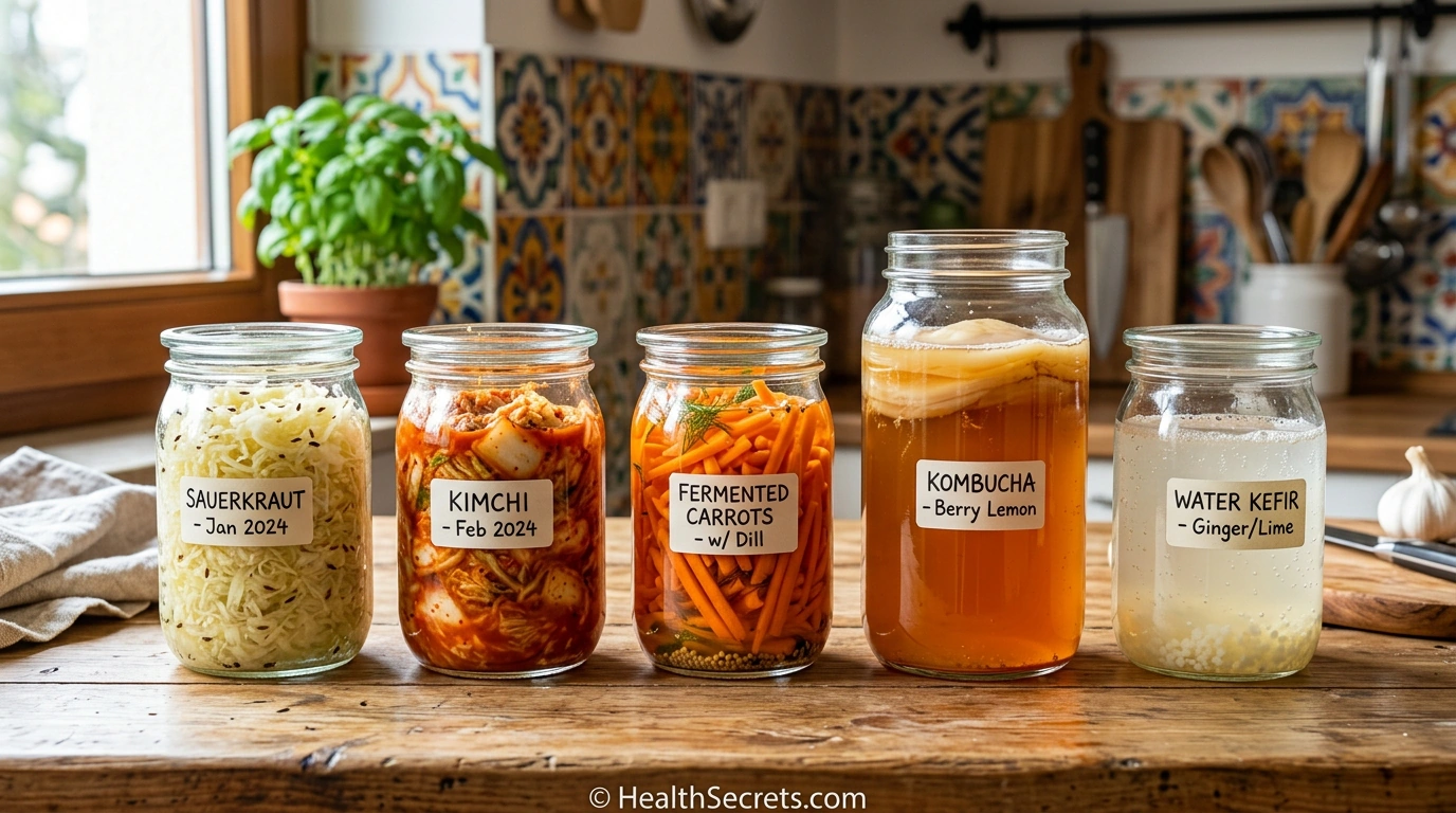 Five homemade fermented foods for gut health including sauerkraut, kimchi, fermented carrots, kombucha, and water kefir in glass jars