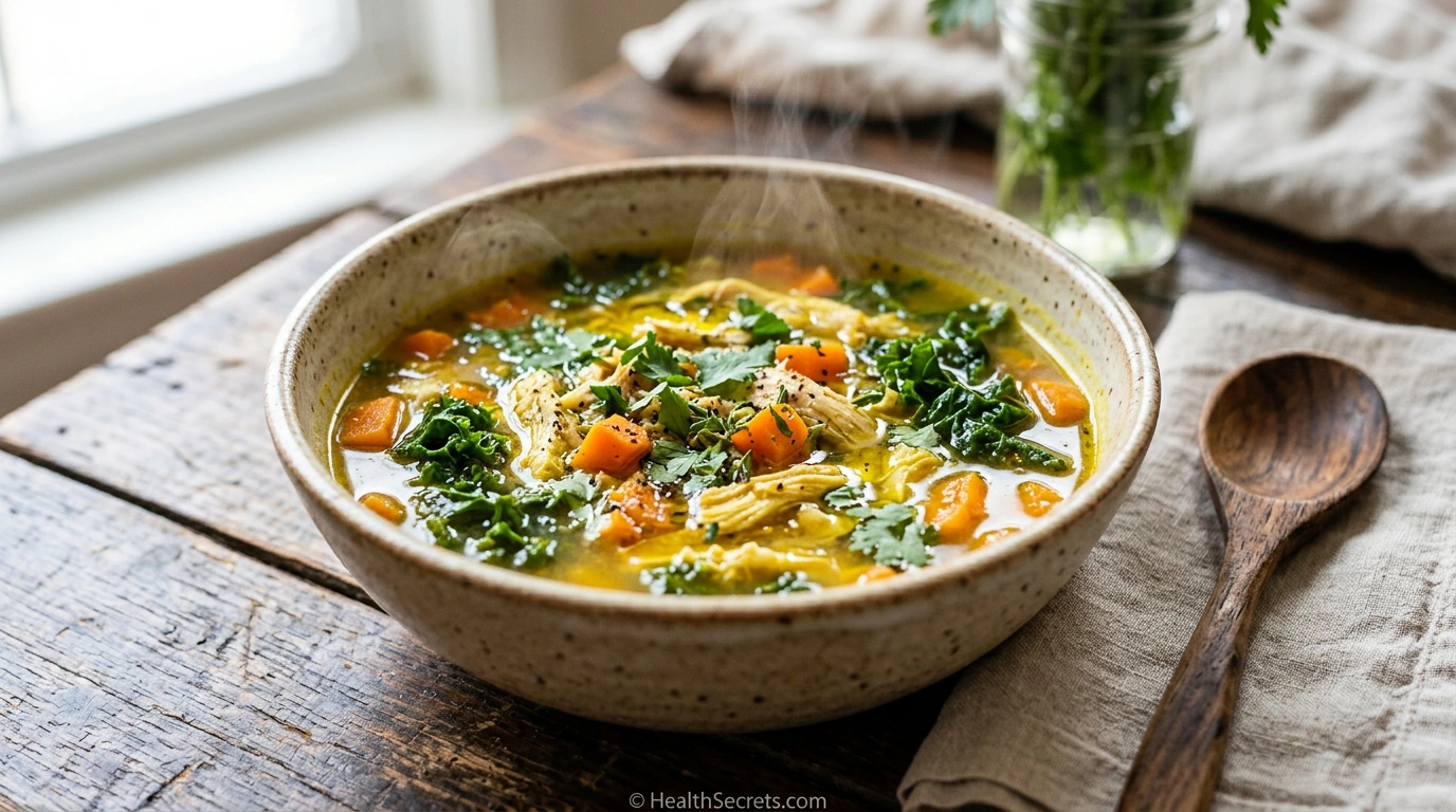 Healing gut soup with bone broth, turmeric, ginger, kale, and vegetables in a ceramic bowl