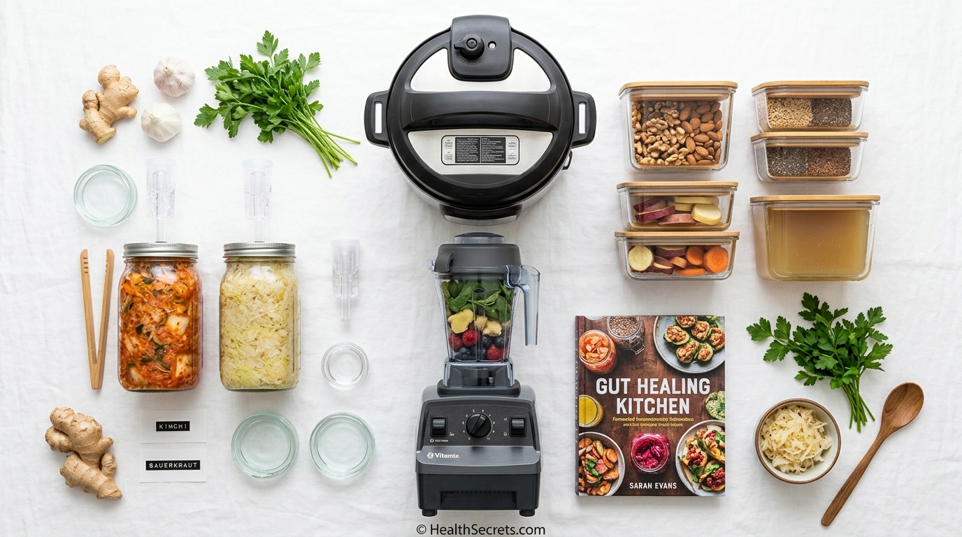 Essential kitchen products for gut-healing cooking including fermentation kit, glass containers, Instant Pot, and blender