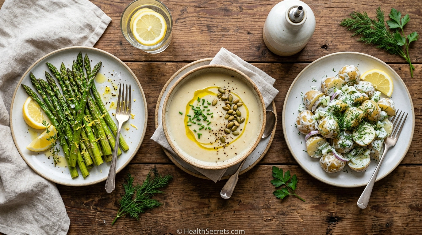 Three prebiotic-rich gut-healing recipes featuring roasted asparagus with garlic, Jerusalem artichoke soup, and cold potato salad with resistant starch