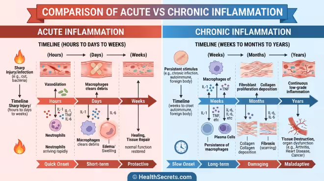 Infographic comparing acute protective inflammation versus chronic damaging inflammation with immune cell pathways