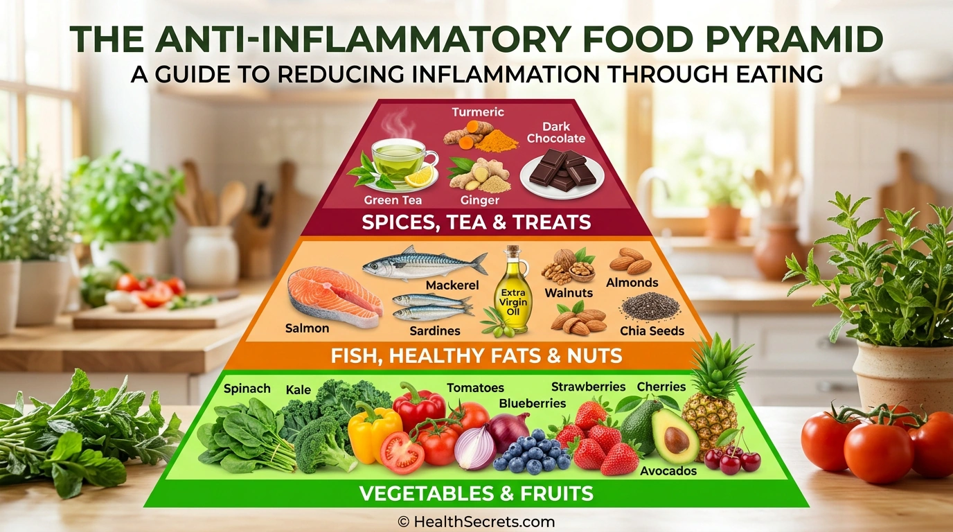 Anti-inflammatory food pyramid showing vegetables and fruits at the base, healthy fats in the middle, and therapeutic spices at the top
