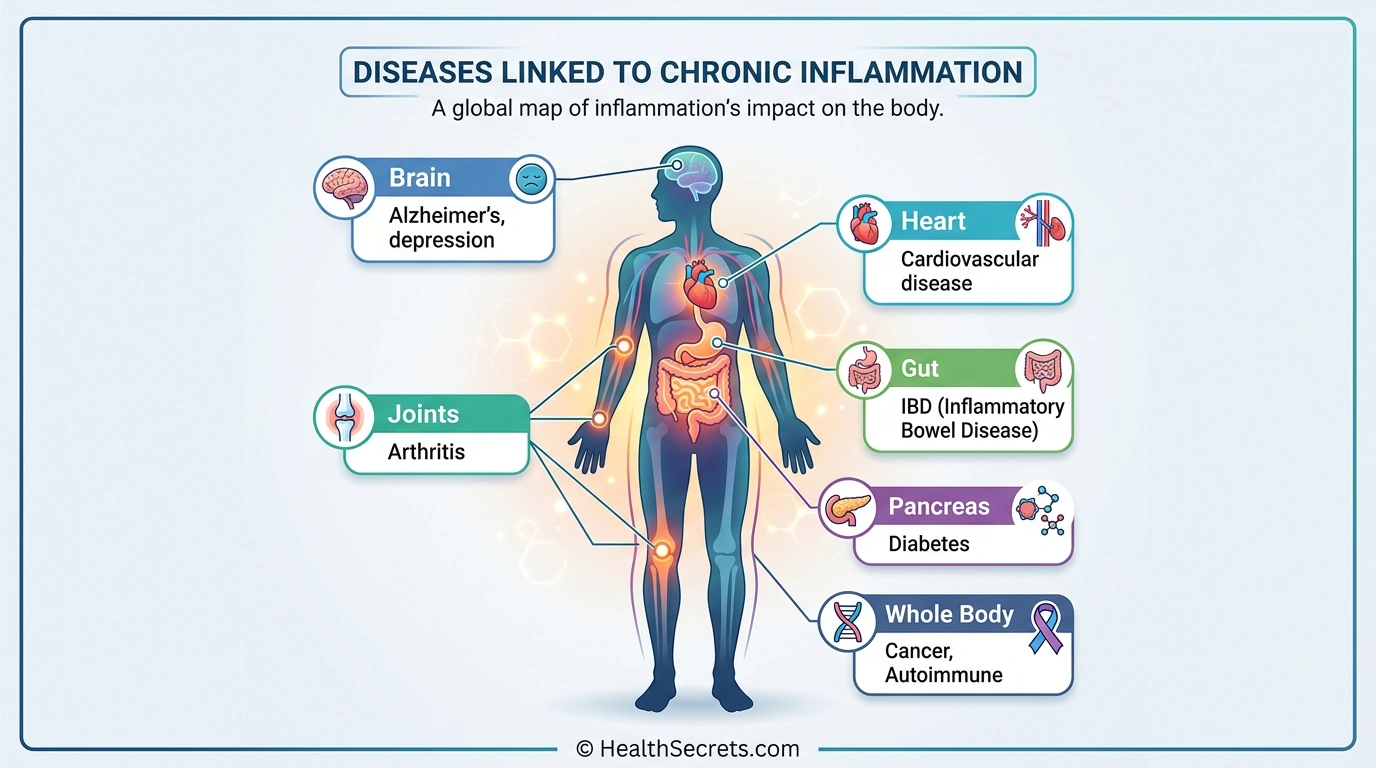 Body map showing chronic diseases linked to inflammation including cardiovascular disease, diabetes, arthritis, and Alzheimer's