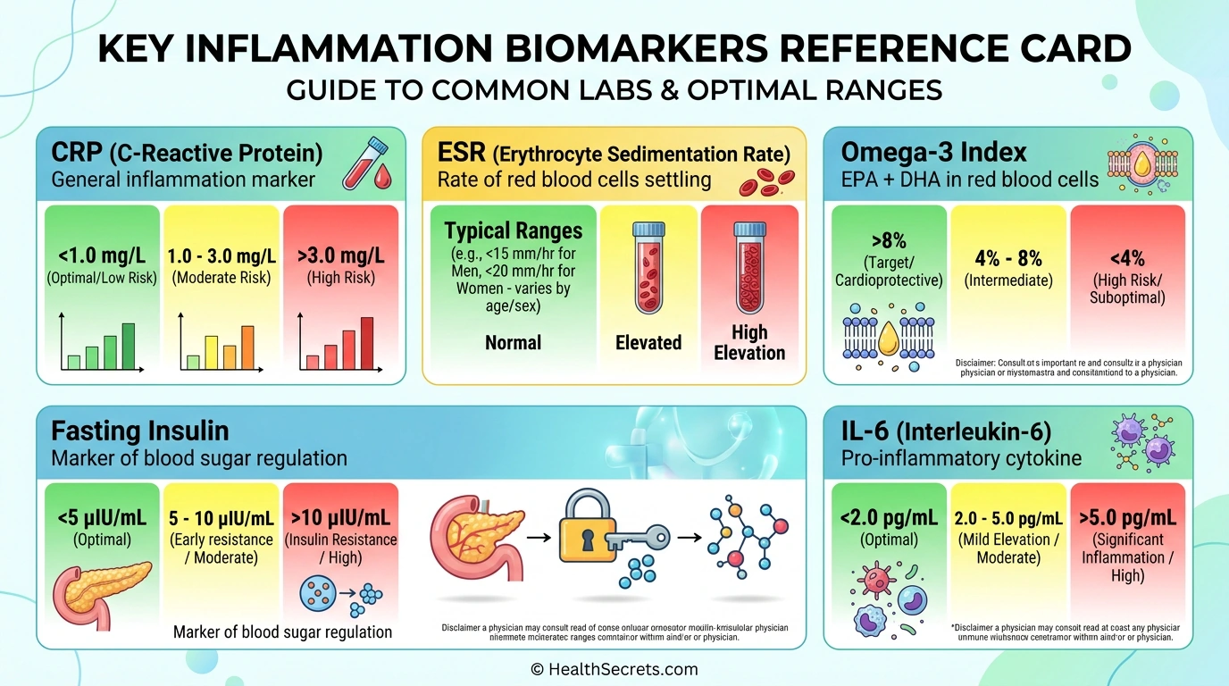 Inflammation biomarker reference guide showing optimal ranges for CRP, ESR, omega-3 index, and inflammatory cytokines