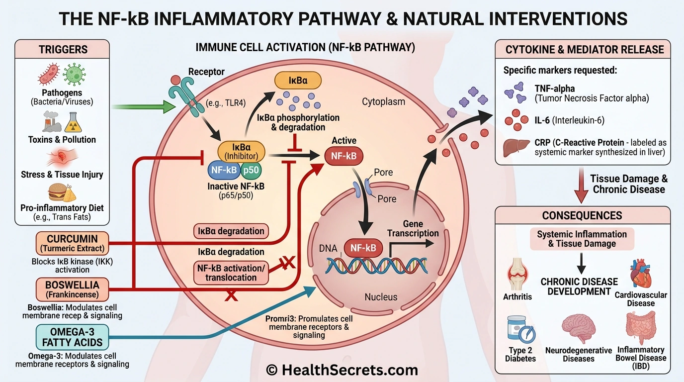 NF-kB inflammatory cascade diagram showing where anti-inflammatory supplements intervene in the pathway