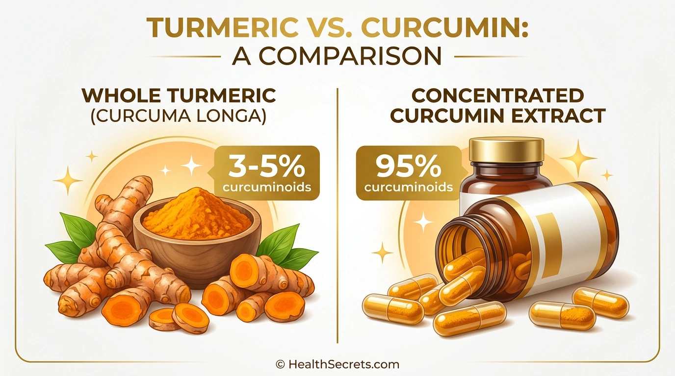 Visual comparison of turmeric spice containing 3-5 percent curcuminoids versus concentrated curcumin supplements at 95 percent