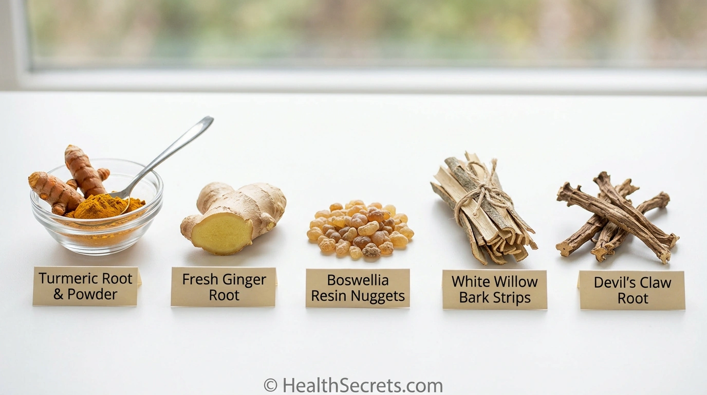 Five herbal anti-inflammatory pain relievers turmeric ginger boswellia white willow bark and devils claw