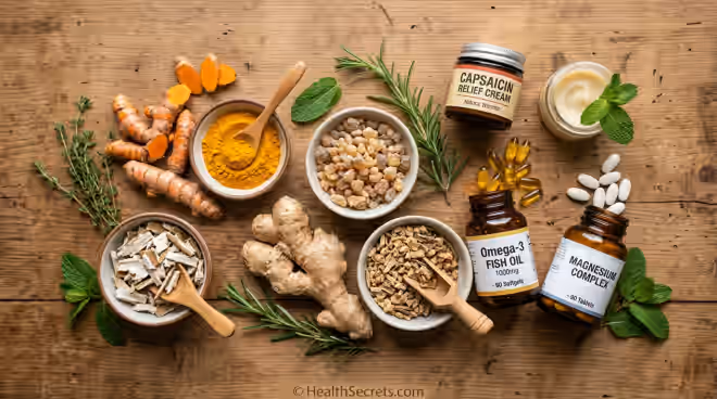 Natural pain relief alternatives to NSAIDs including turmeric ginger boswellia omega-3 and capsaicin arranged on wooden surface