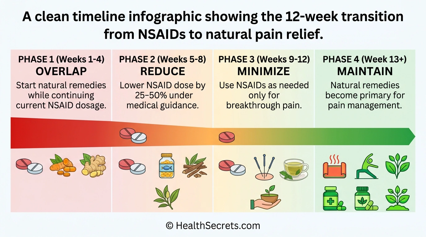 Timeline showing 12-week phased transition from NSAIDs to natural pain relief alternatives
