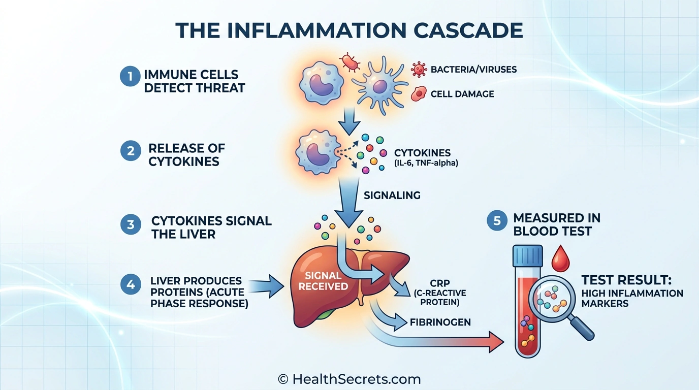 Diagram showing inflammation cascade from immune cell activation to cytokine release to liver CRP production