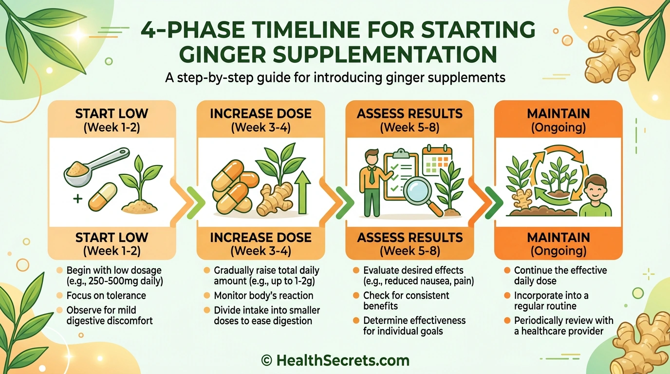 Four-phase ginger supplementation action plan timeline from starting low to long-term maintenance