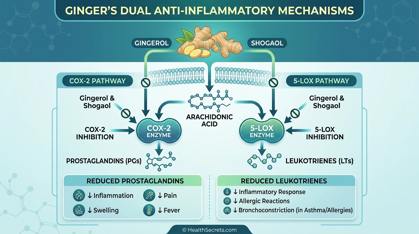 Infographic showing how ginger inhibits COX-2 and 5-LOX inflammatory enzymes to reduce prostaglandins and leukotrienes