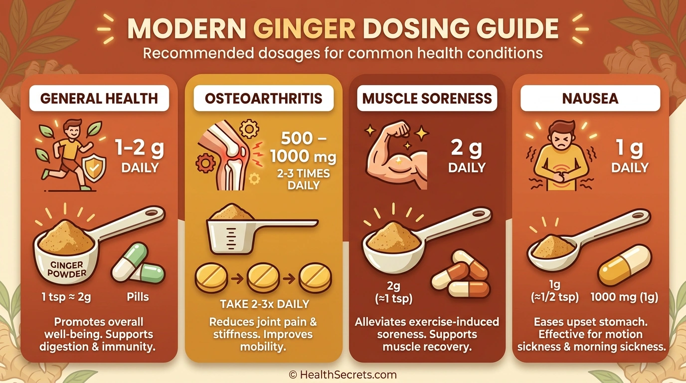 Ginger dosing guide infographic showing recommended daily doses for different health conditions