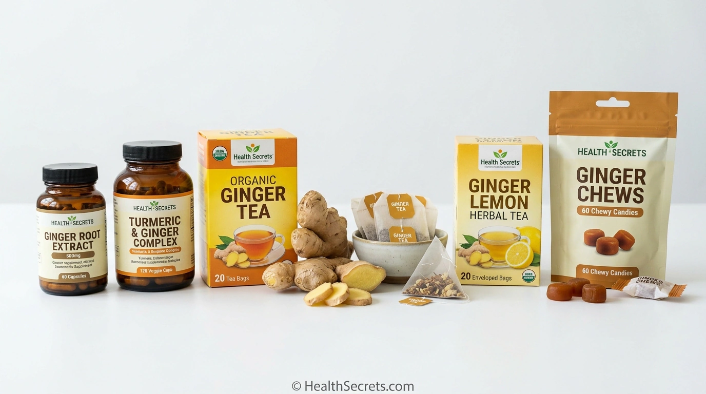 Lineup of recommended ginger supplement products including capsules, tea, and ginger chews for inflammation