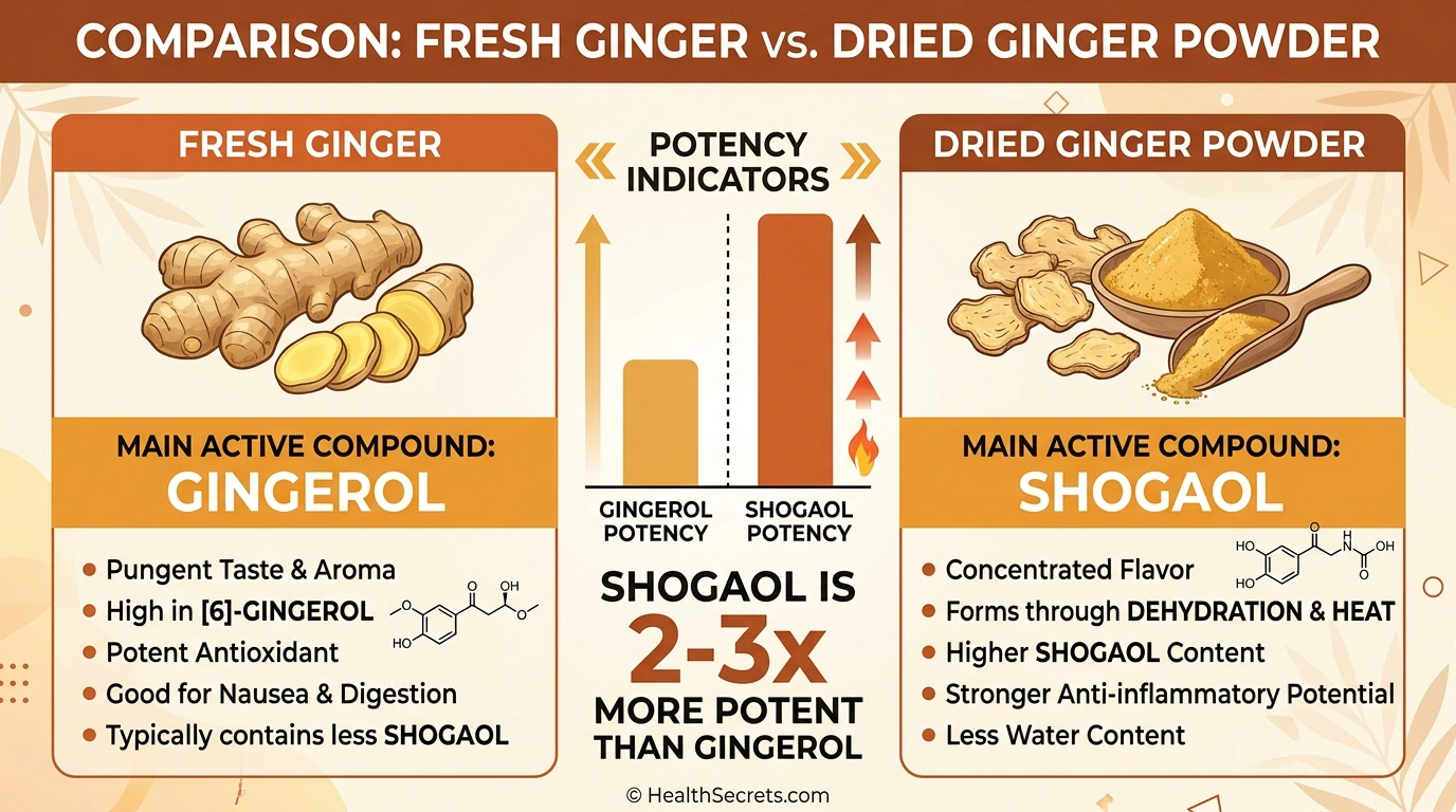 Visual comparison of gingerol in fresh ginger versus shogaol in dried ginger showing relative anti-inflammatory potency