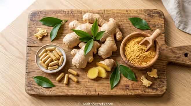 Fresh ginger root, dried ginger powder, and ginger supplement capsules showing different forms of ginger for inflammation