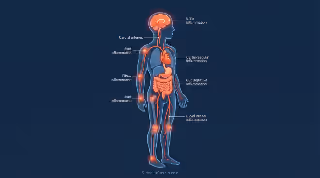 Medical illustration showing chronic inflammation affecting multiple organ systems including heart, brain, gut, and joints