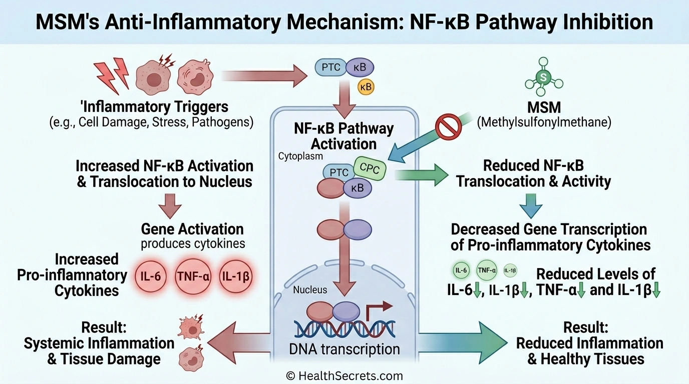 Infographic showing how MSM reduces inflammation by blocking NF-kB signaling pathway