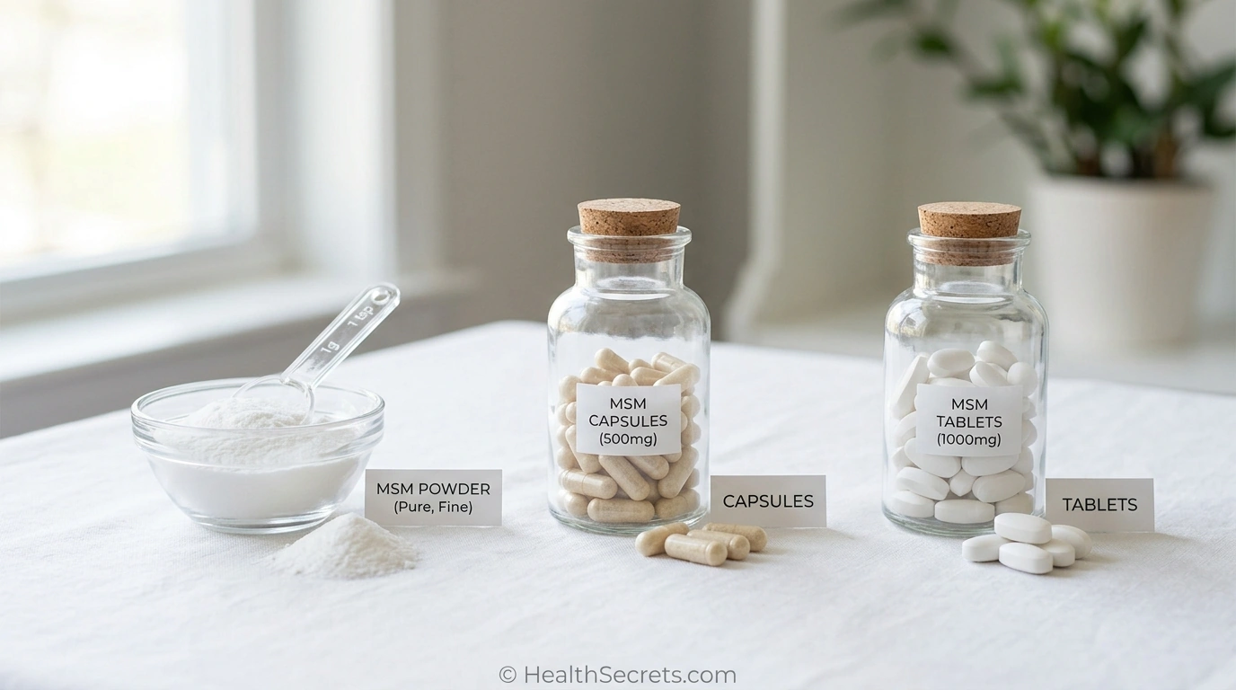 Comparison of MSM supplement forms including powder capsules and tablets