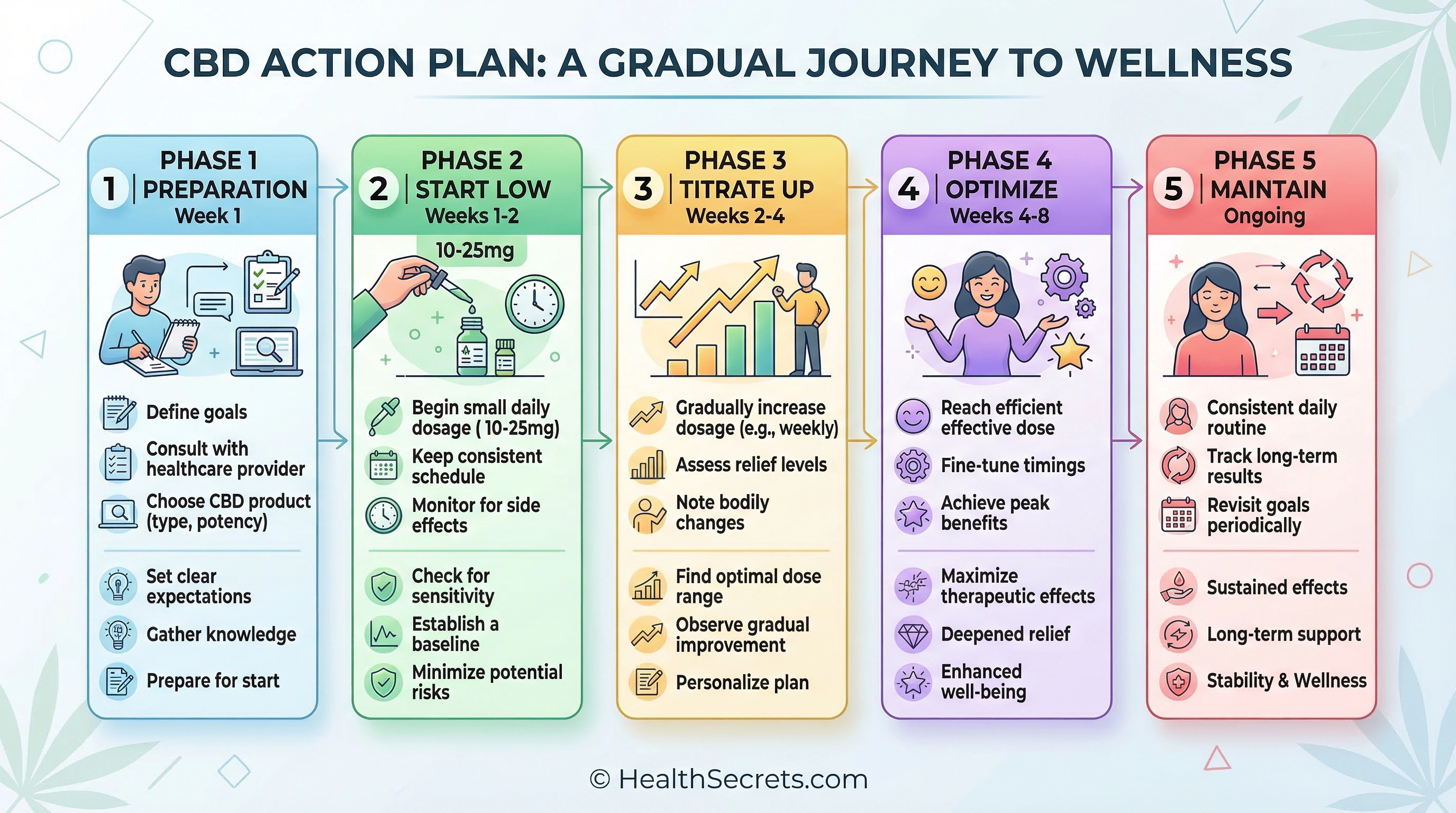 Timeline infographic showing the five-phase CBD action plan from preparation through long-term maintenance