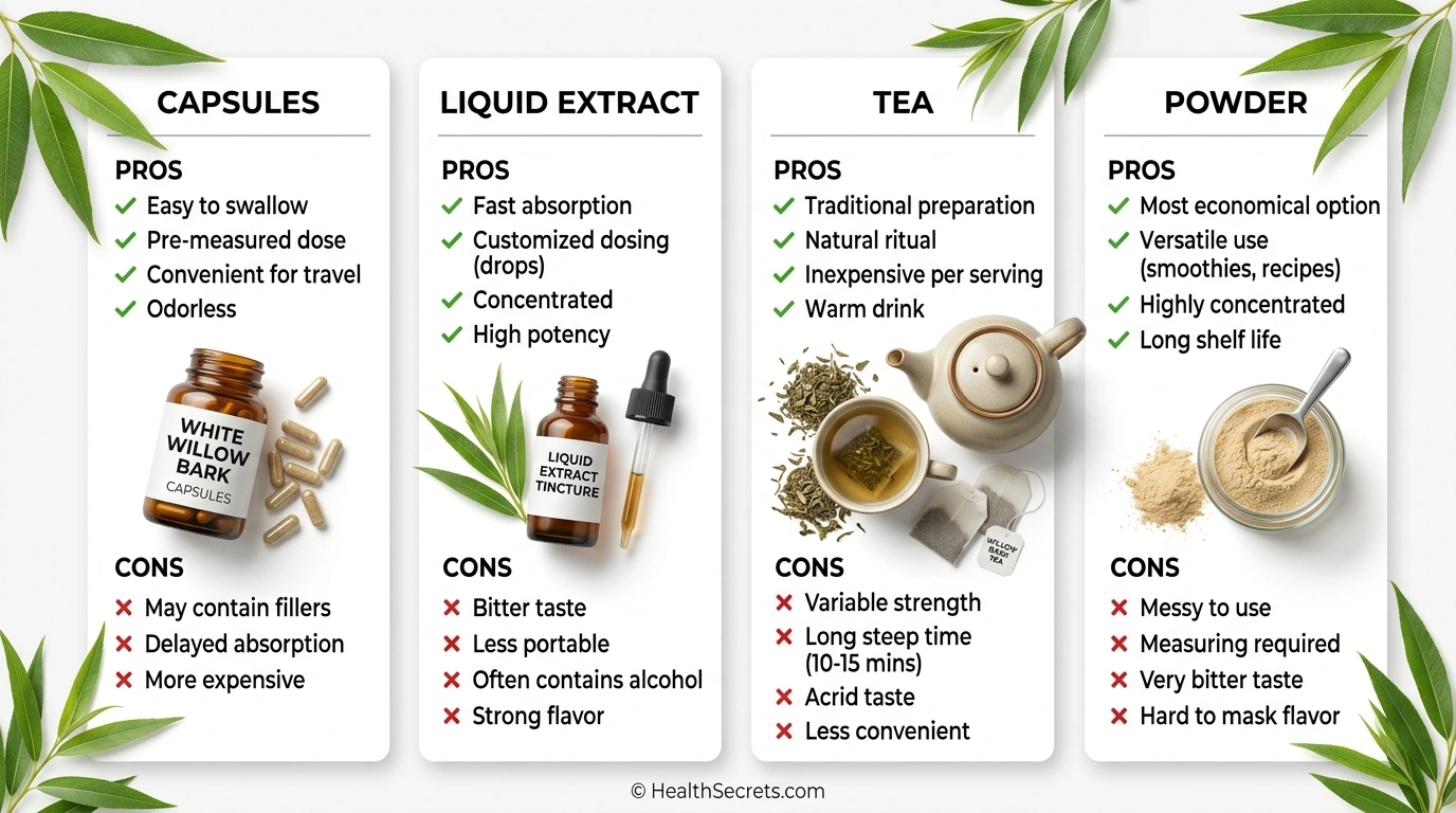 Different forms of white willow bark supplements including capsules, liquid extract, and tea