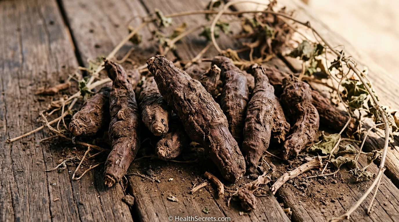 Freshly harvested devil's claw secondary root tubers showing dark brown elongated tubers used for medicinal purposes
