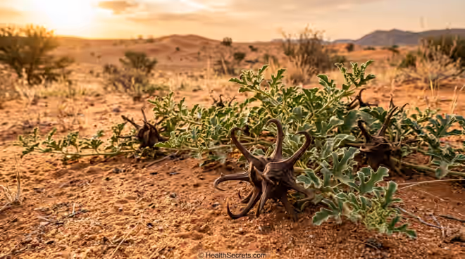 Harpagophytum procumbens devil's claw plant with claw-shaped fruits growing in Kalahari Desert sandy soil
