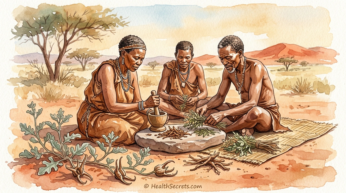 Artistic illustration of San people traditional healers in the Kalahari Desert with devil's claw plants representing centuries of medicinal use