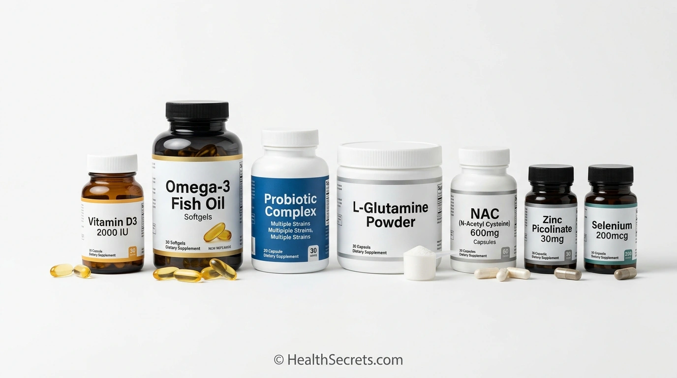 Key supplements for autoimmune inflammation support including vitamin D, omega-3, and probiotics
