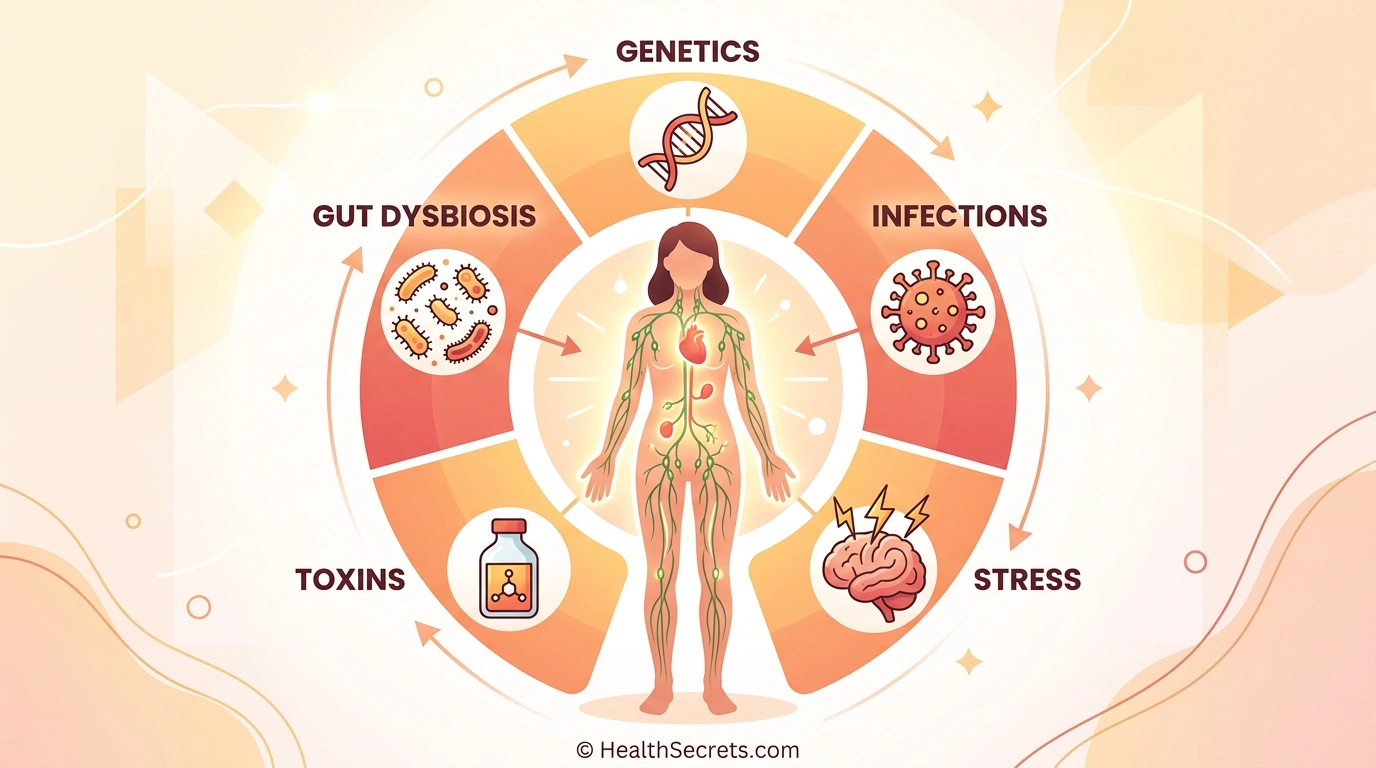Common autoimmune disease triggers including genetics, infections, stress, and gut dysbiosis