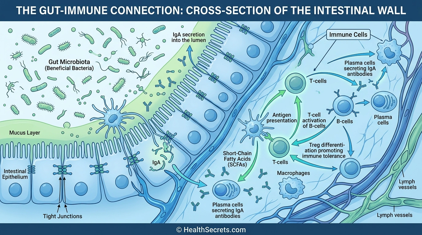 Illustration of gut-immune connection showing intestinal barrier and immune cells