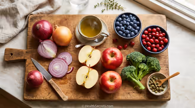 Quercetin-rich foods including onions, apples, berries, green tea, and capers arranged on wooden cutting board for natural anti-inflammatory support