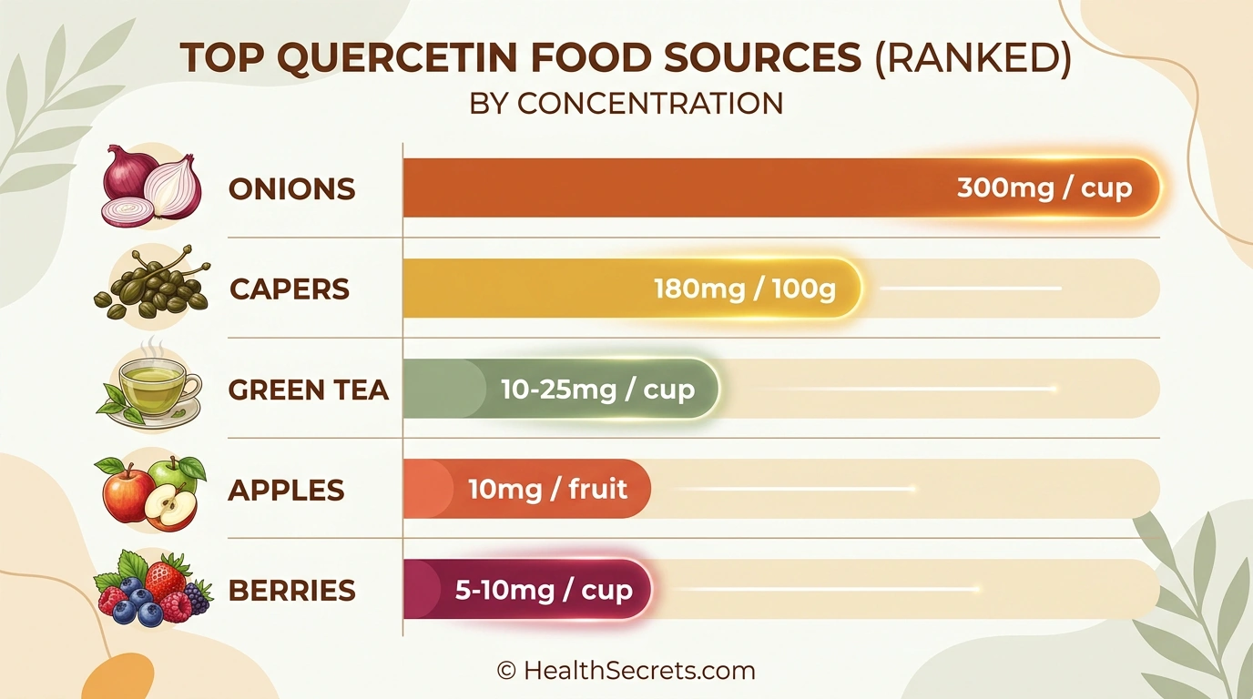 Chart showing top quercetin food sources ranked by concentration including capers, onions, green tea, apples, and berries