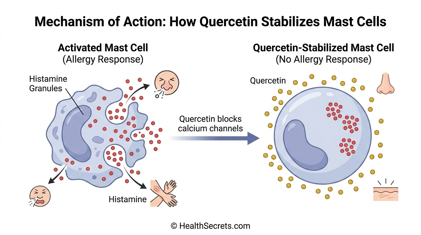 Medical illustration showing how quercetin stabilizes mast cells and prevents histamine release to reduce allergy symptoms