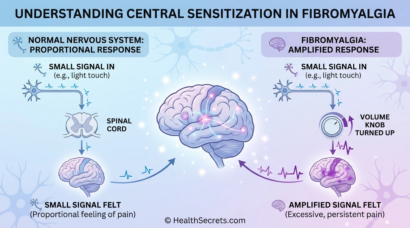 Infographic comparing normal pain processing with fibromyalgia central sensitization showing amplified pain signals in the nervous system