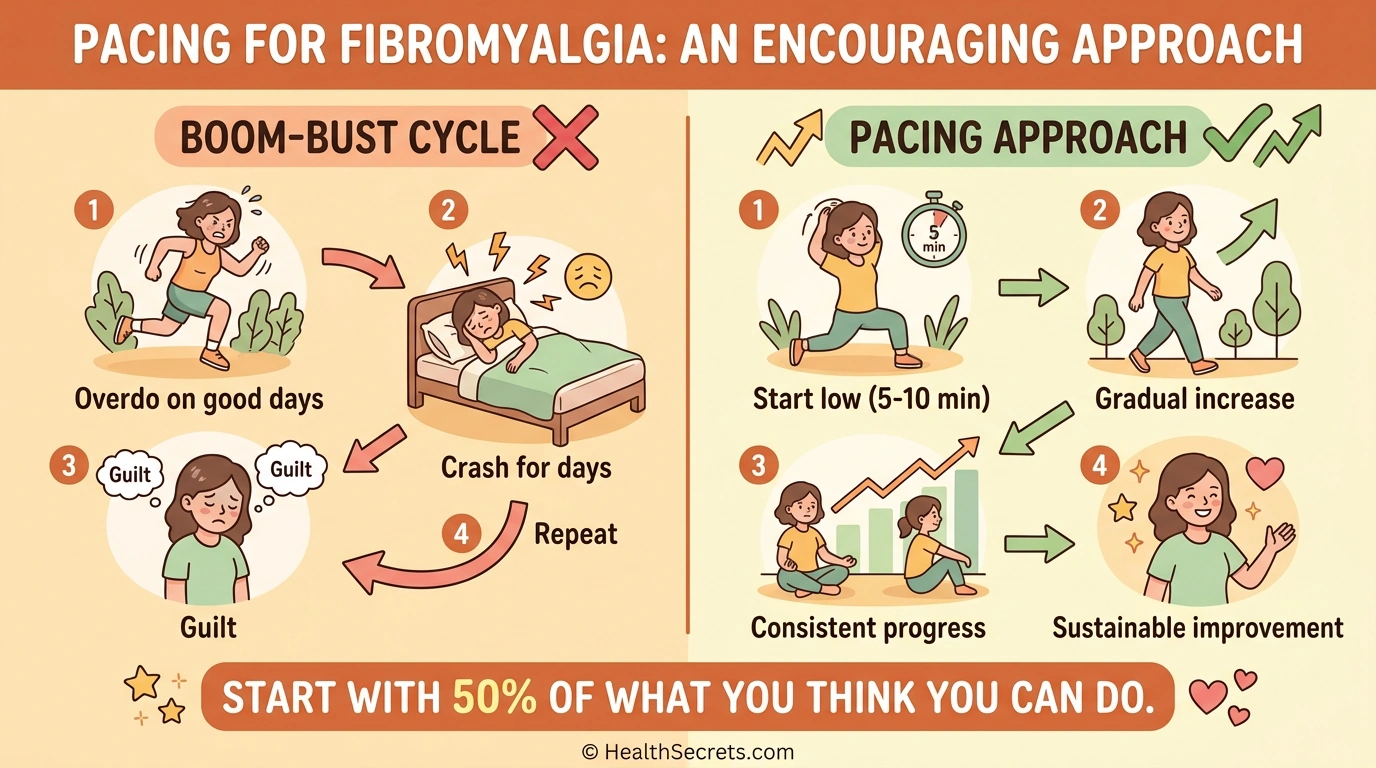 Infographic comparing the boom-bust exercise cycle with the recommended pacing approach for fibromyalgia showing gradual sustainable progress