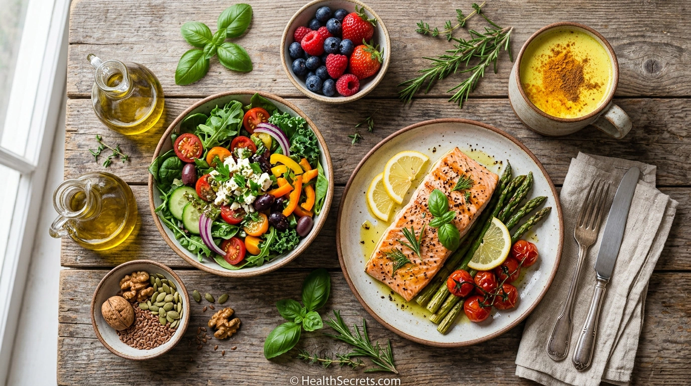 Overhead view of anti-inflammatory Mediterranean meal spread for fibromyalgia including salmon vegetables berries olive oil and turmeric
