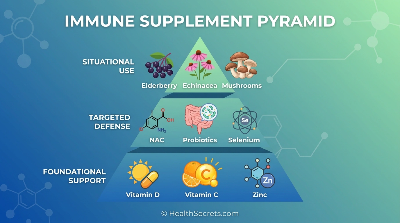 Immune supplement priority pyramid showing foundational targeted and situational supplements