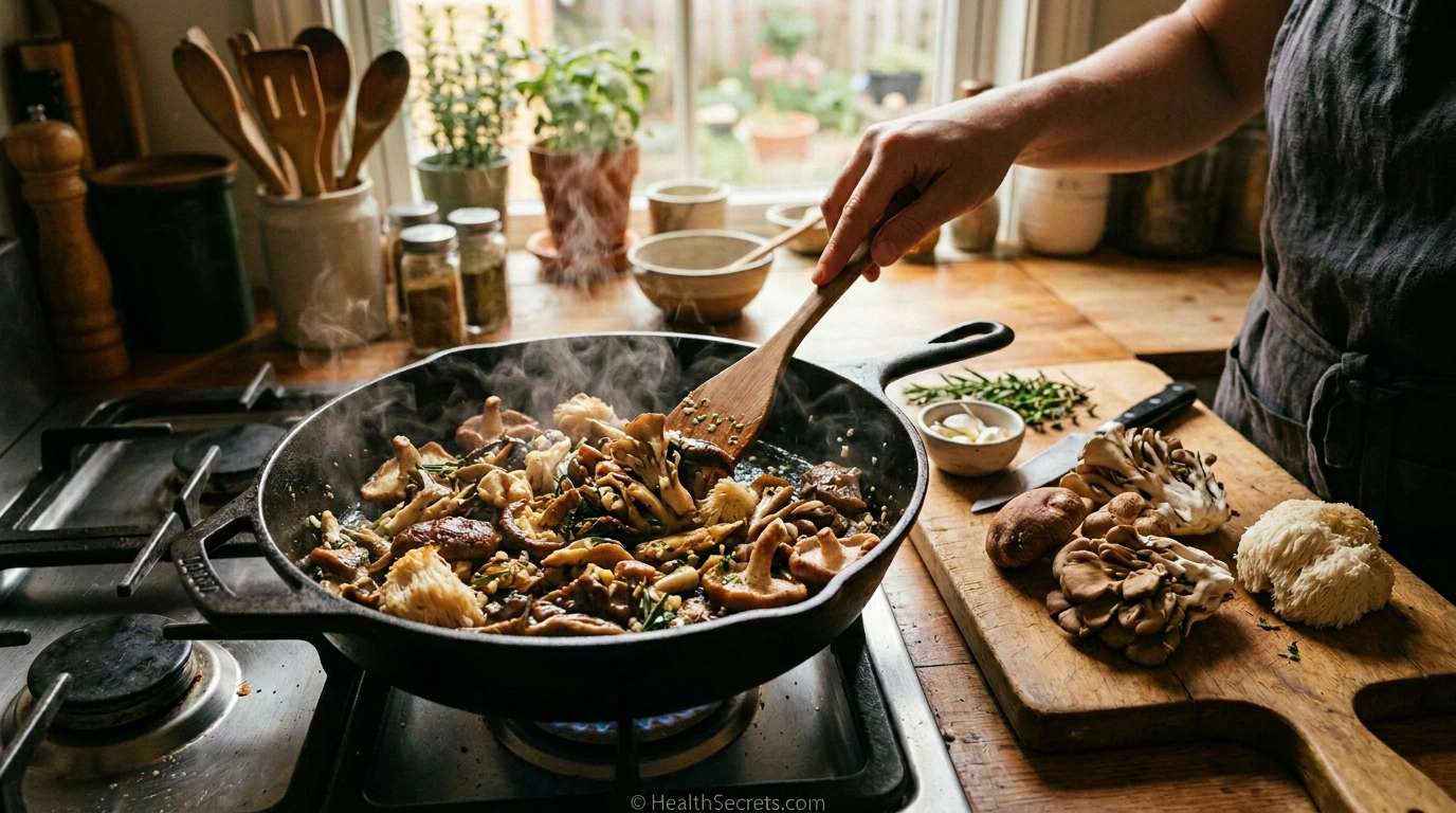 Sautéing medicinal culinary mushrooms including shiitake maitake and lion's mane in cast iron pan