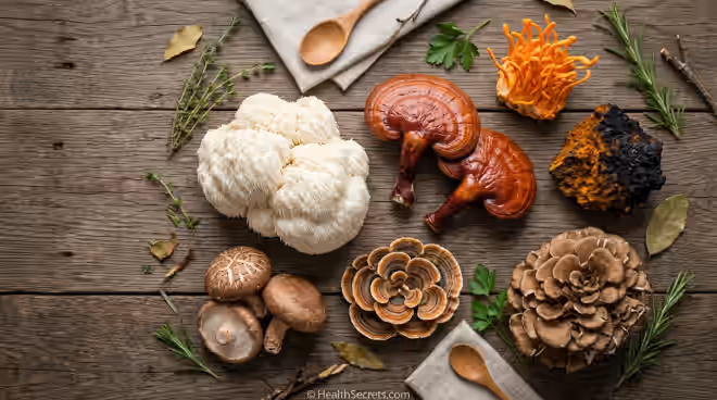 Variety of medicinal mushrooms for immune support including reishi turkey tail lion's mane chaga cordyceps shiitake and maitake