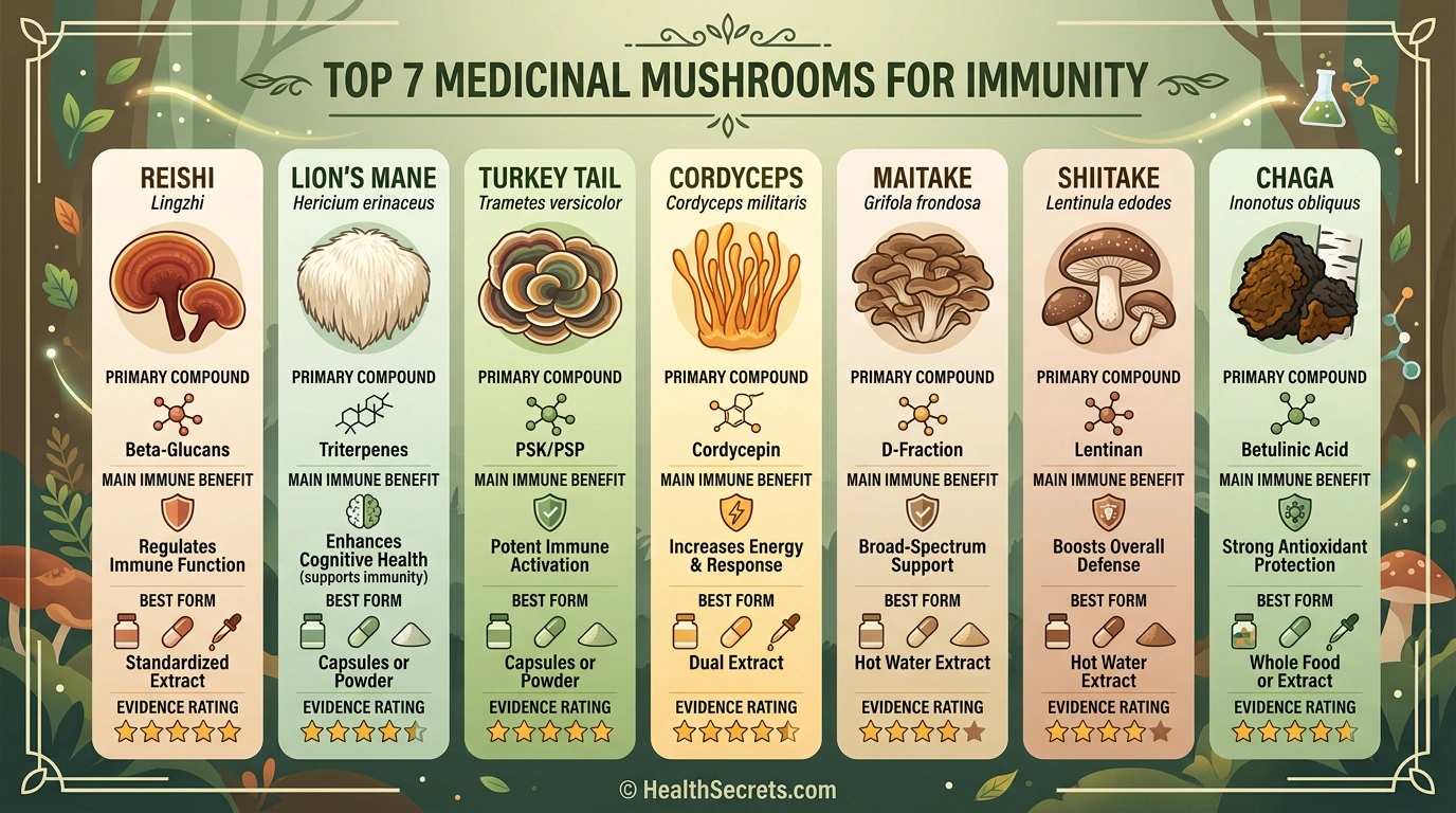 Comparison infographic of top seven medicinal mushrooms for immune support with key benefits and evidence ratings