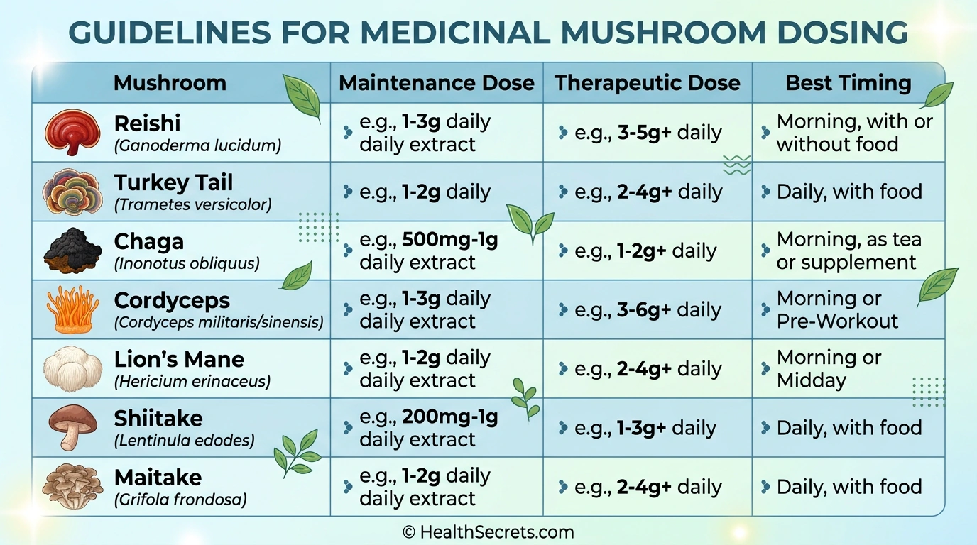 Dosing guide infographic for seven medicinal mushrooms showing maintenance and therapeutic doses