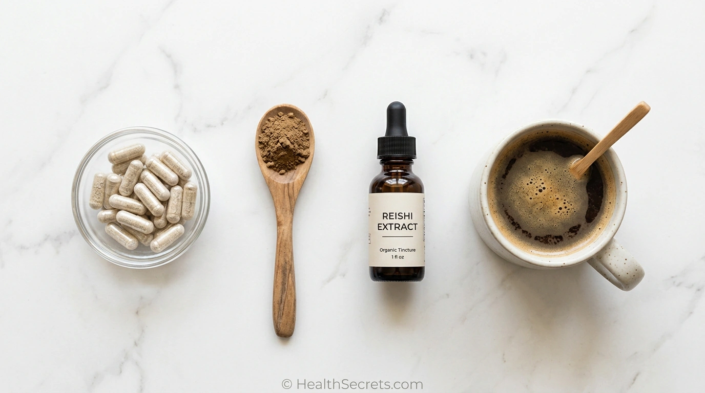 Different medicinal mushroom supplement forms including capsules powder tincture and mushroom coffee