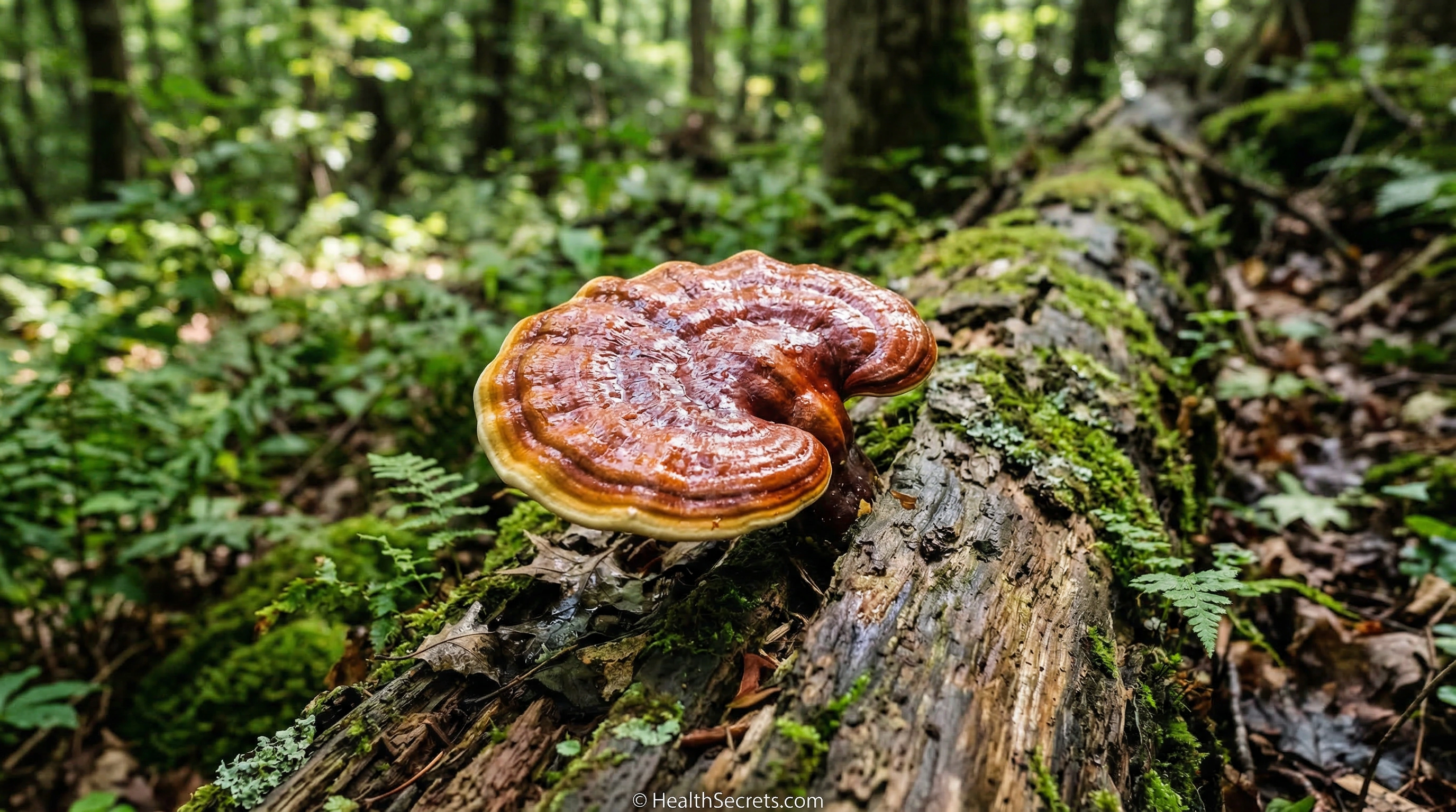 Close-up of red reishi mushroom Ganoderma lucidum growing on hardwood log showing glossy surface