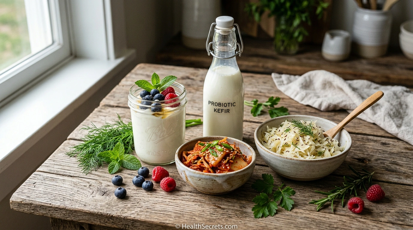 Probiotic fermented foods including yogurt kefir and kimchi that support gut immunity