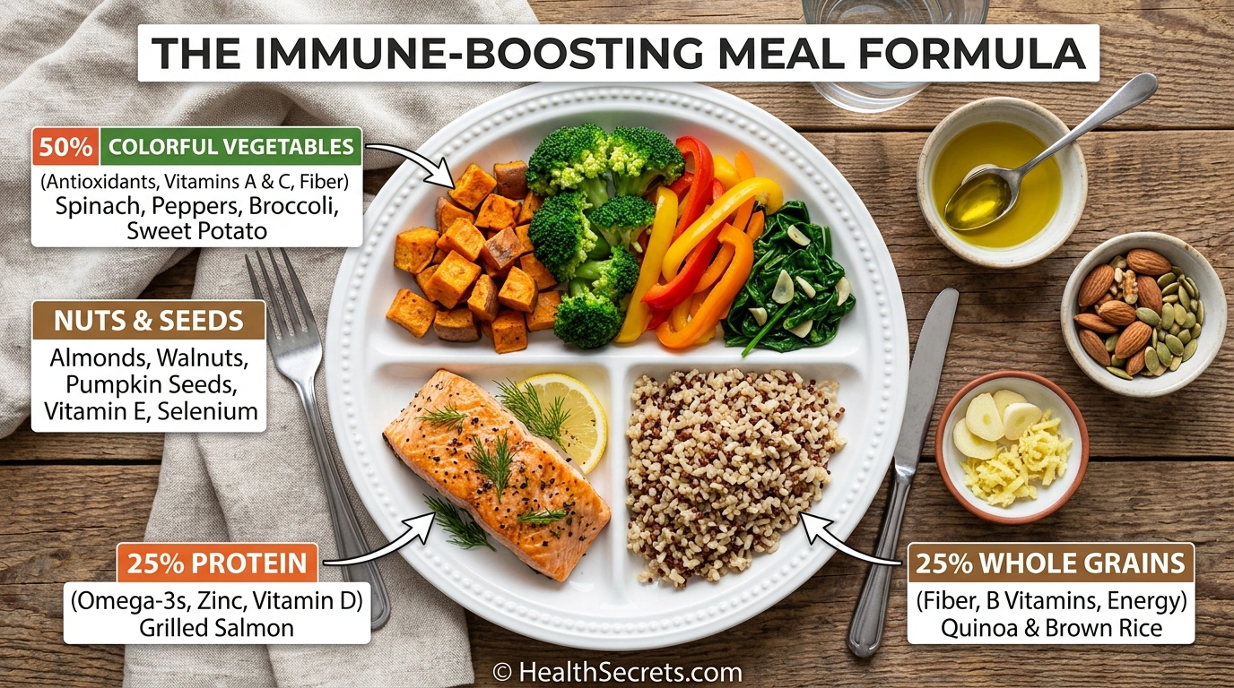 The immune boosting plate formula showing ideal proportions of vegetables protein whole grains and healthy fats