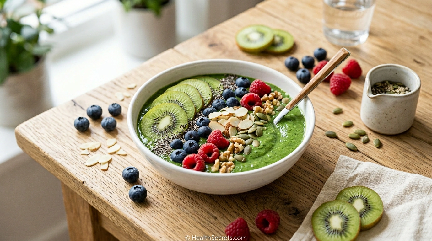 Colorful immune boosting smoothie bowl with berries spinach kiwi nuts and seeds for daily immune support