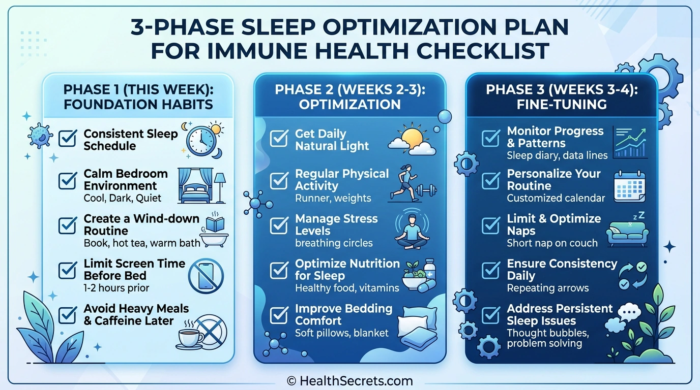 Three-phase sleep optimization action plan checklist for strengthening immune function