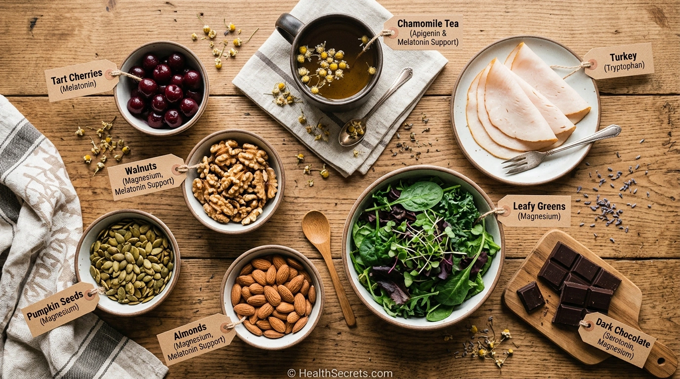 Flat lay of sleep-promoting foods including tart cherries walnuts turkey and leafy greens for immune health